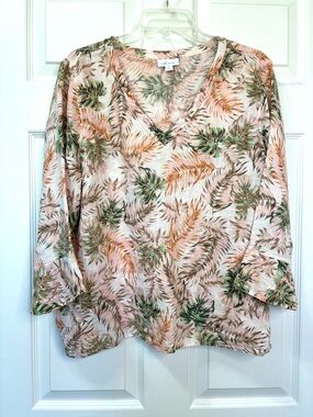 J. Jill Love Linen Top Womens Large Petite Pink Tropical Palm Beachy Resort